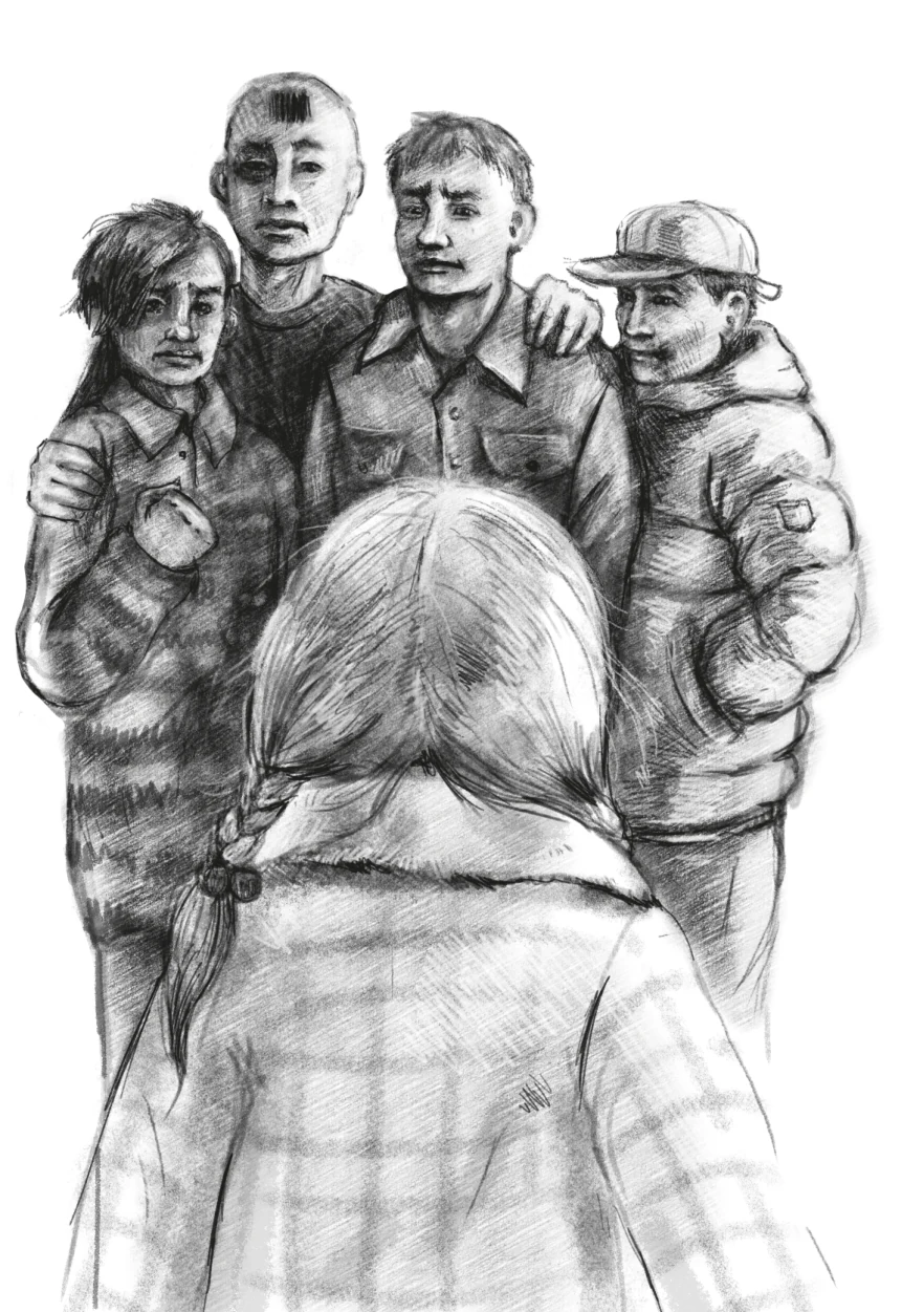 Иллюстрация: группа людей и девочка