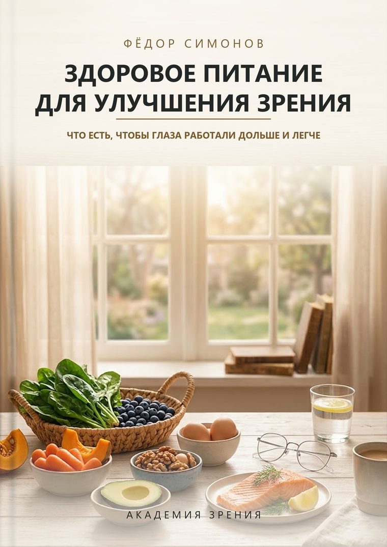 Обложка книги «Здоровое питание для улучшения зрения» Фёдора Симонова: стол у окна с корзиной шпината и черники, тыквой, морковью, яйцами, орехами, авокадо, лососем и очками