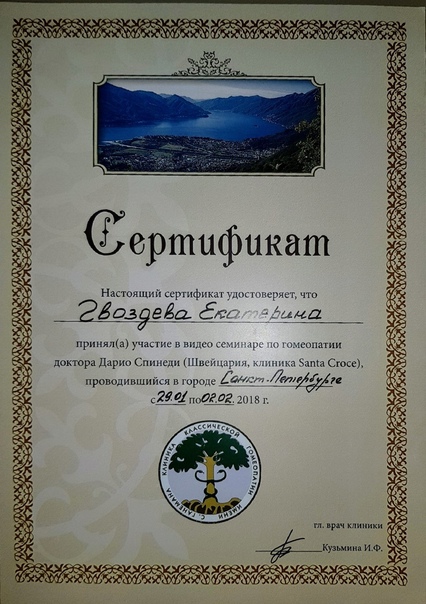 Сертификат об участии в семинаре доктора Дарио Спинеди
