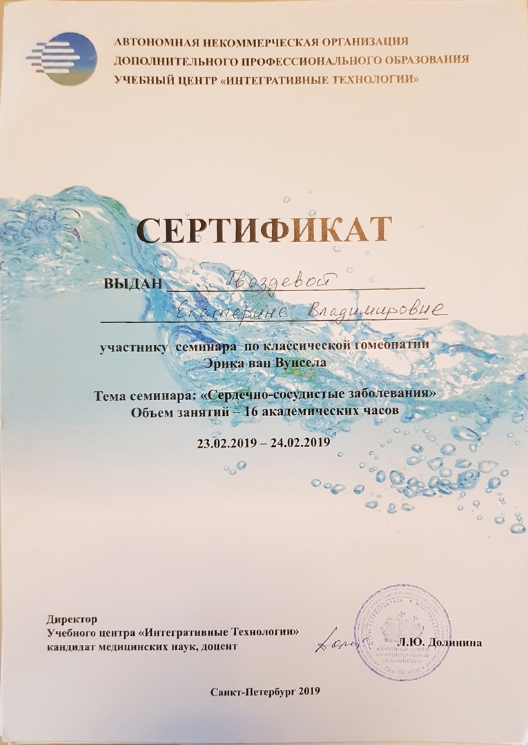 Сертификат об участии в семинаре Эрика ван Вунсела