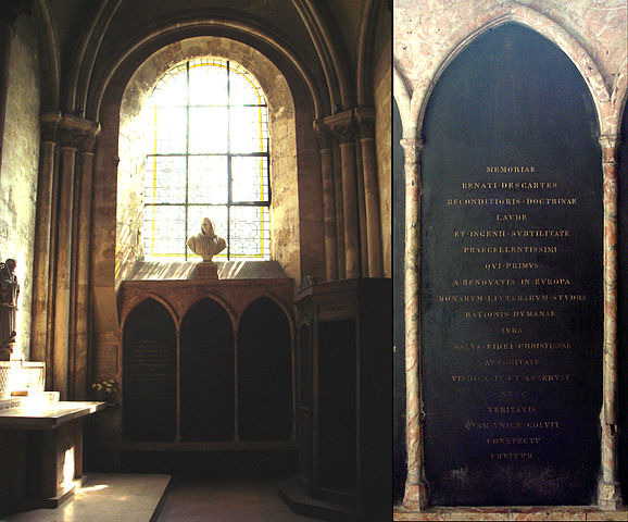 могила Рене Декарта (в центре), эпитафия (справа), церковь Сен-Жермен де Пре, Париж