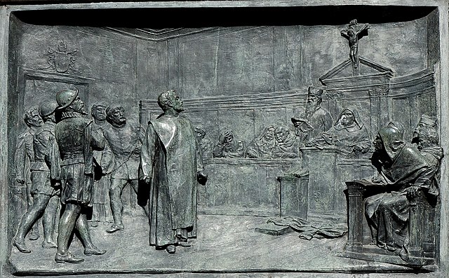 Этторе Феррари, бронзовый барельеф на памятнике Джордано Бруно на Кампо деи Фиори, Рим