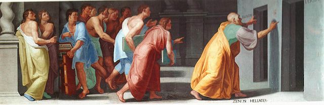 Зенон Элейский с юношами у дверей истины и лжи. Фреска Пеллегрино Тибальди в монастыре Эскориал в Испании.