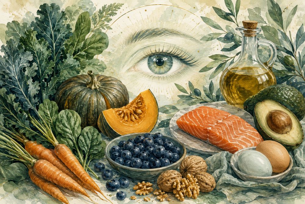 Aquarell-Illustration zu Kapitel 6: Grünkohl, Karotten, Kürbis, Blaubeeren, Lachs, Eier, Walnüsse, Avocado und Olivenöl um ein Auge herum