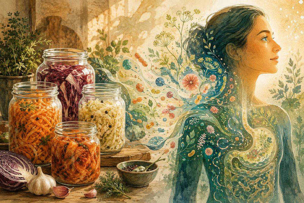 Aquarell-Illustration zu Kapitel 9: Einmachgläser mit fermentiertem Gemüse neben einer Frau, deren Körper von Pflanzenmustern durchzogen ist
