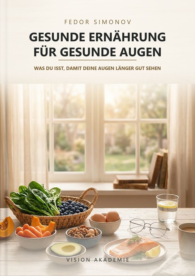 Buchcover: Gesunde Ernährung für gesunde Augen von Fedor Simonov — ein Frühstückstisch mit Spinat, Blaubeeren, Lachs, Eiern und einer Brille