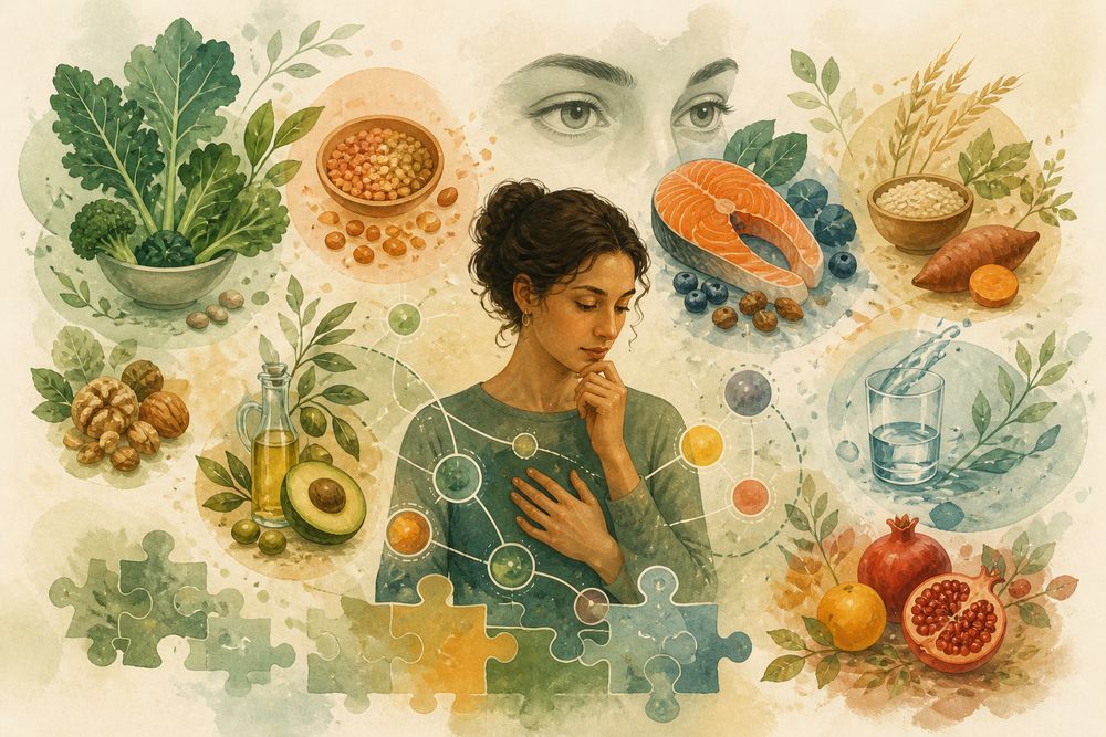 Aquarell-Illustration zu Kapitel 15: eine Frau betrachtet nachdenklich Puzzleteile mit Lebensmitteln — Symbol für die Suche nach dem, was dem Körper fehlt