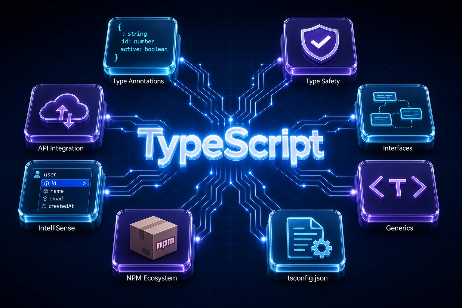 TypeScript в одной инфографике: аннотации типов, безопасность типов, интерфейсы, дженерики, tsconfig, npm, IntelliSense, интеграция с API