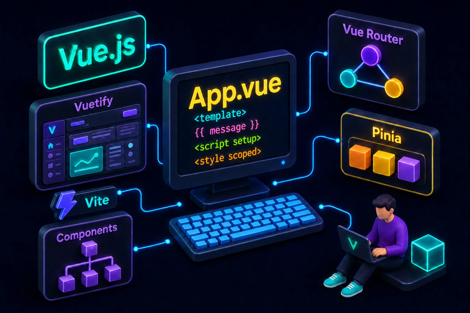 Курс Vue.js: изометрическая иллюстрация — компоненты, Vue Router, Pinia и script setup на экране редактора