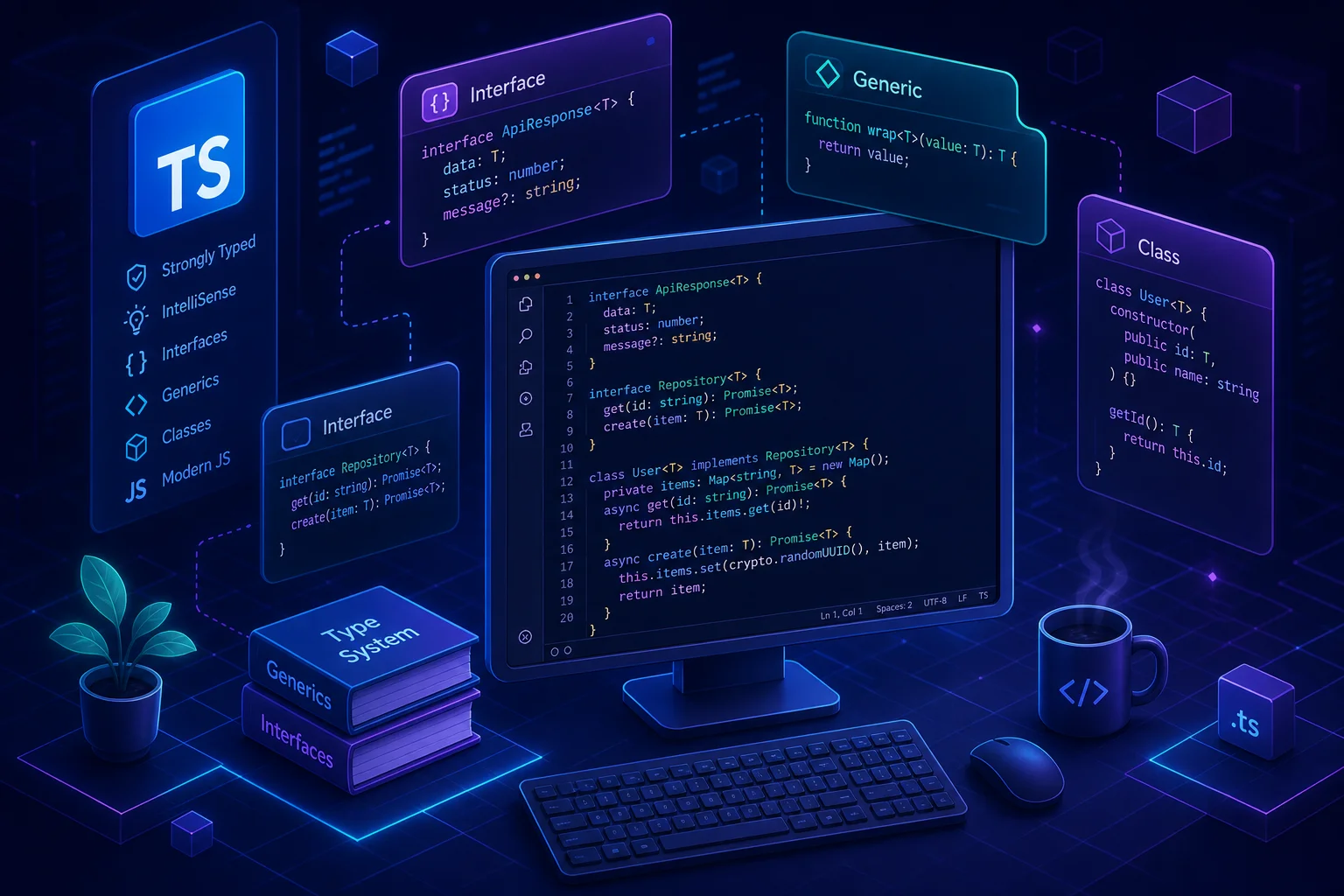 Курс TypeScript: изометрическая иллюстрация — интерфейсы, generics, классы и типизация на экране редактора