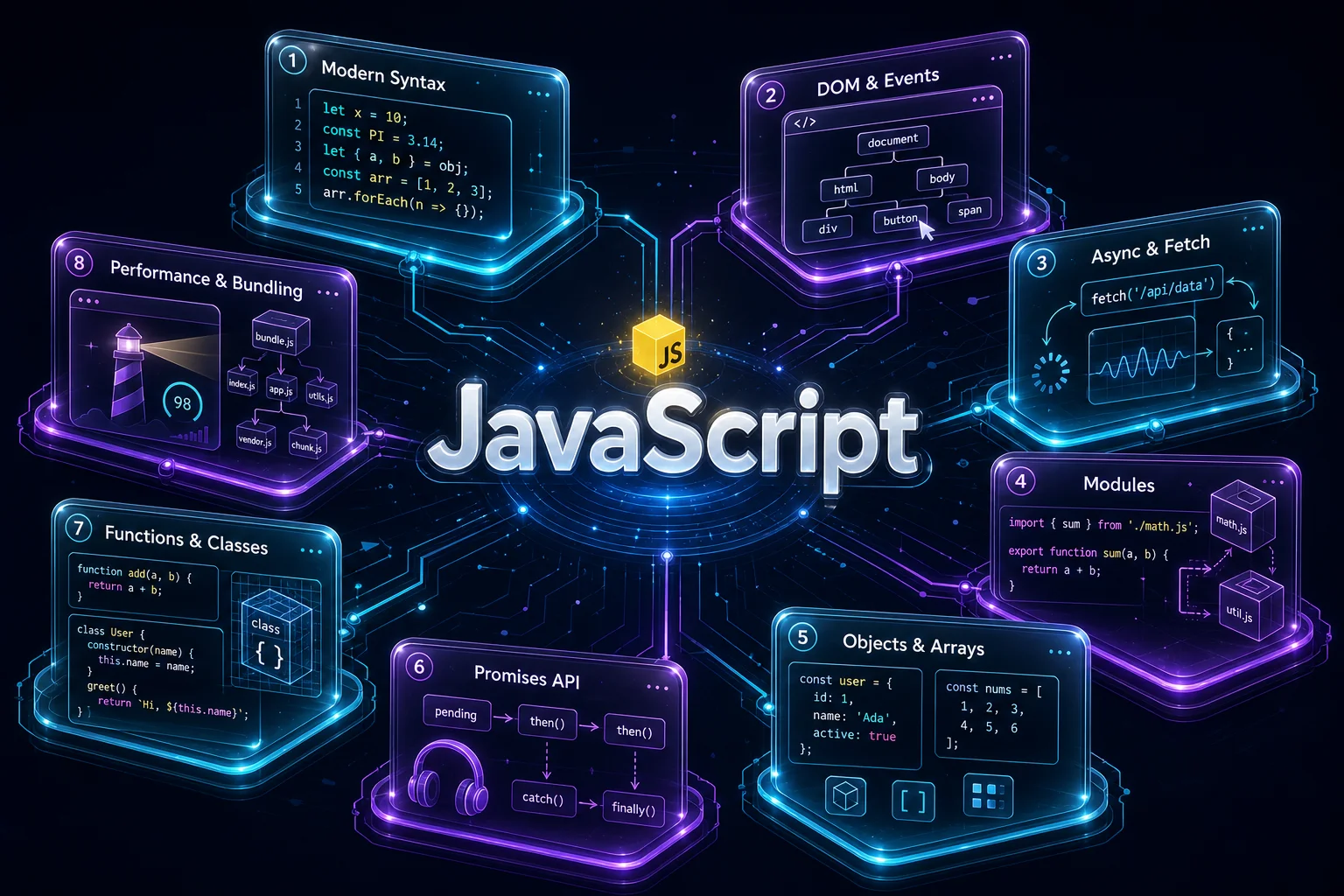 JavaScript в одной инфографике: синтаксис, DOM и события, async и fetch, модули, данные и производительность