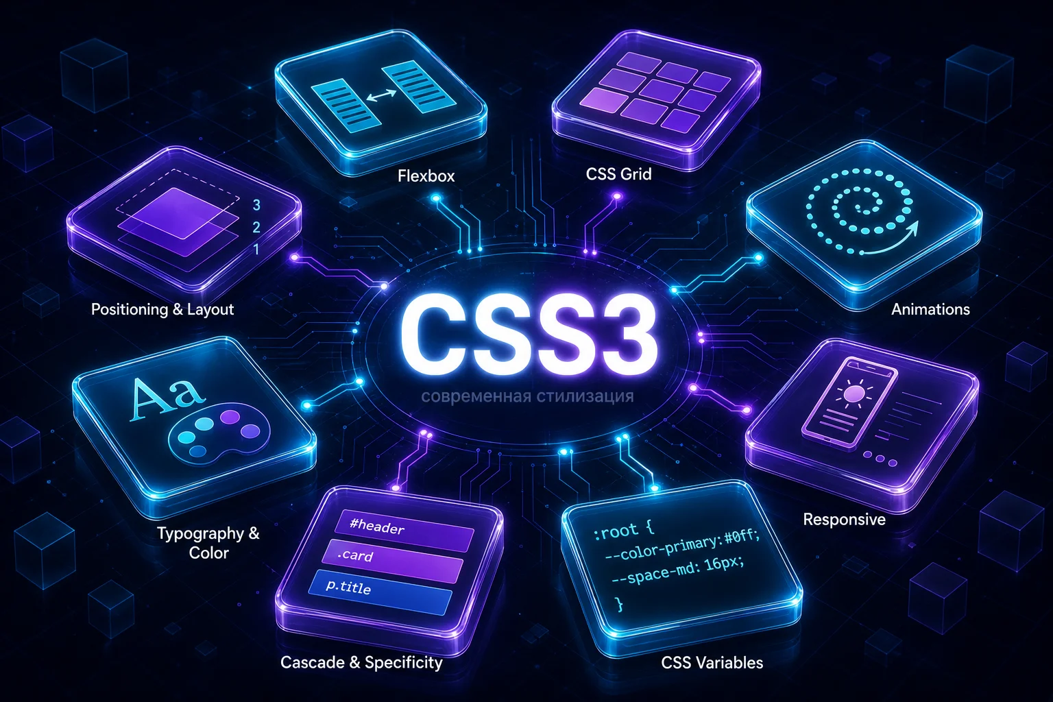 CSS3 в одной инфографике: Flexbox, Grid, анимации, адаптив, переменные, каскад, типографика и вёрстка