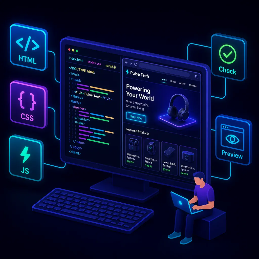 Тренажёр «HTML + CSS + JS: Первая веб-страница» — редактор HTML, CSS и JavaScript и превью витрины Pulse Tech