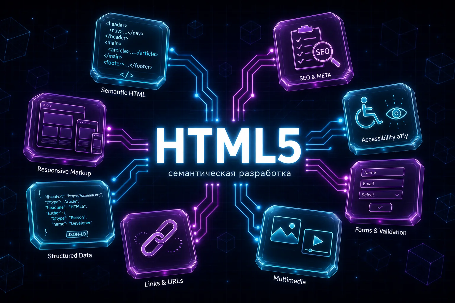 HTML5 в одной инфографике: семантика, доступность, SEO, формы, медиа, ссылки и структурированные данные
