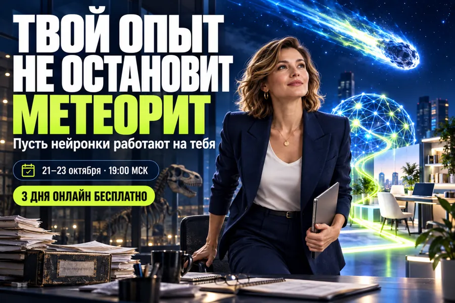 Женщина выходит из бумажной рутины: старый способ работы остаётся рядом со скелетом динозавра, навстречу летит цифровой метеорит