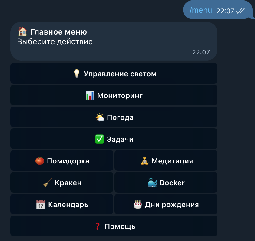 Главное меню в Telegram
