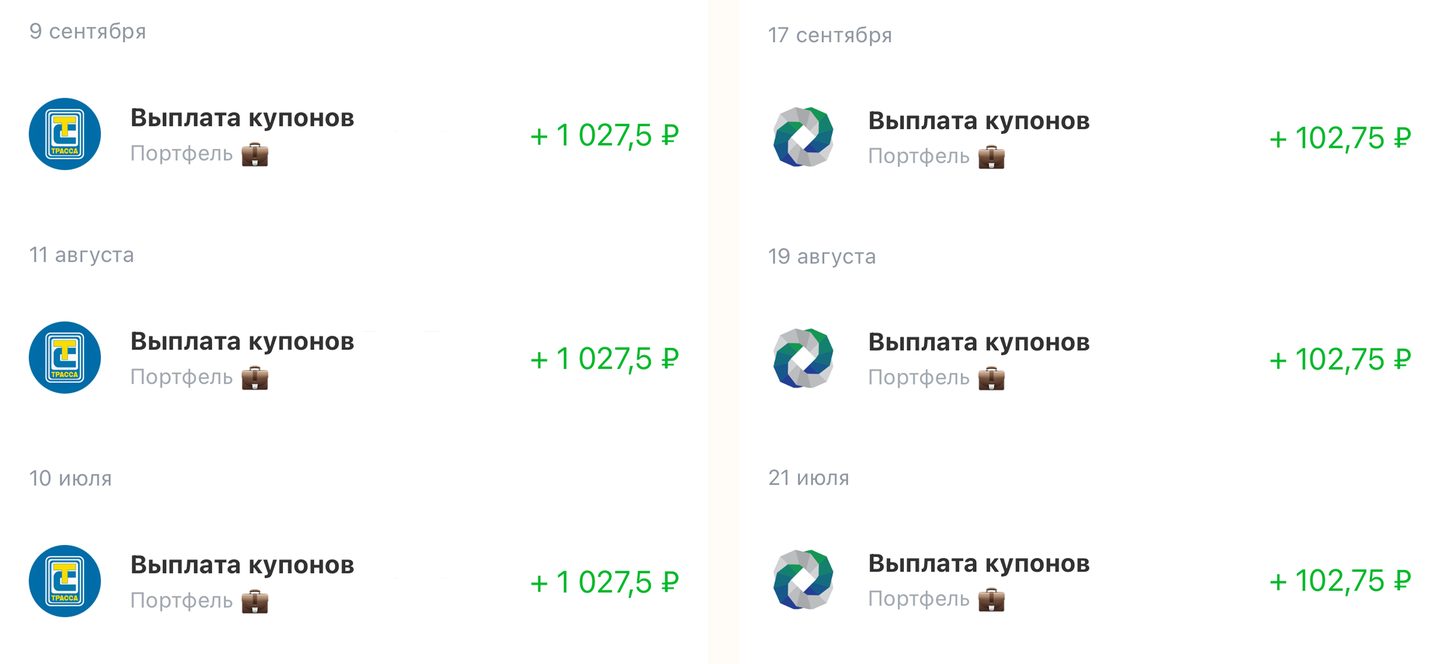 История выплат купонов в приложении брокера