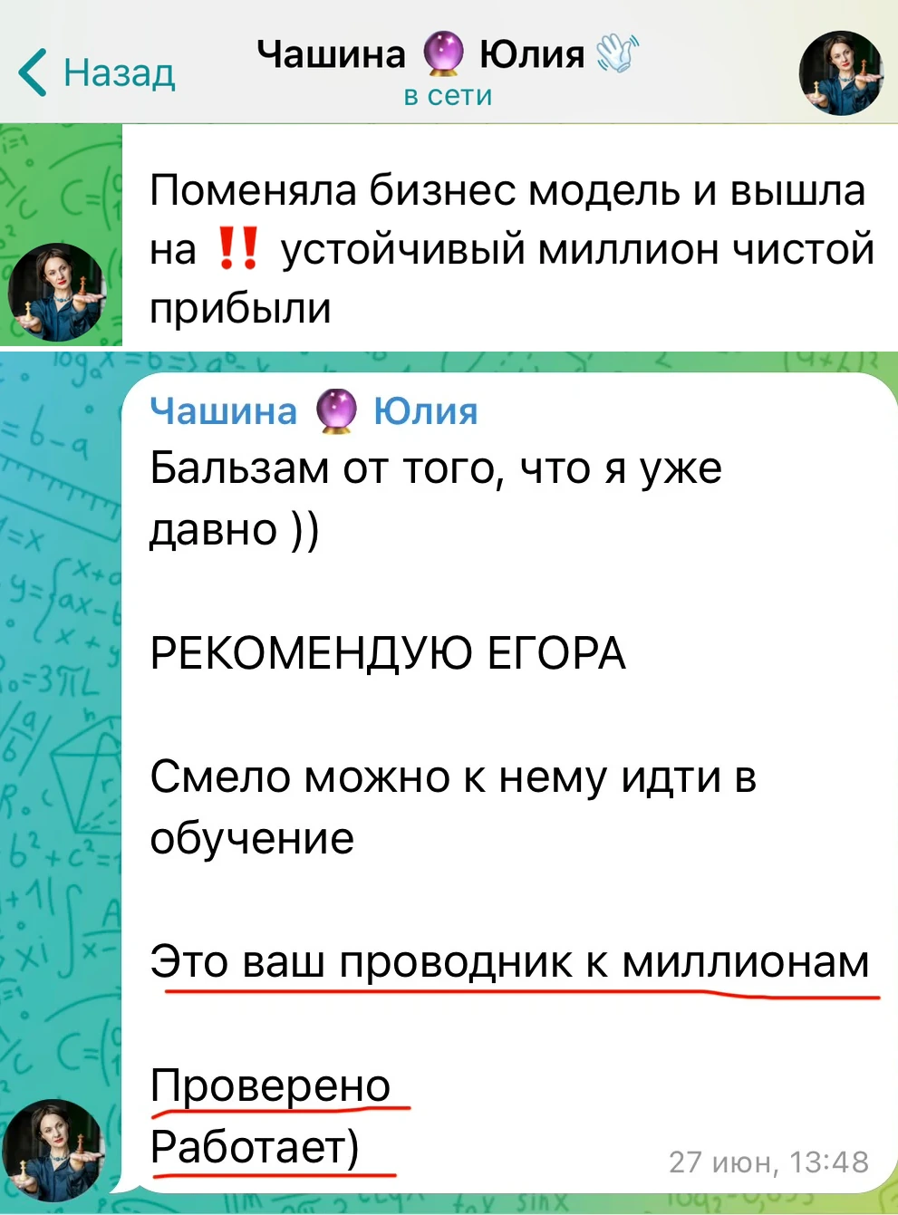 Юлия Чашина: поменяла бизнес-модель и вышла на устойчивый миллион чистой прибыли. Рекомендую Егора — проводник к миллионам, проверено, работает